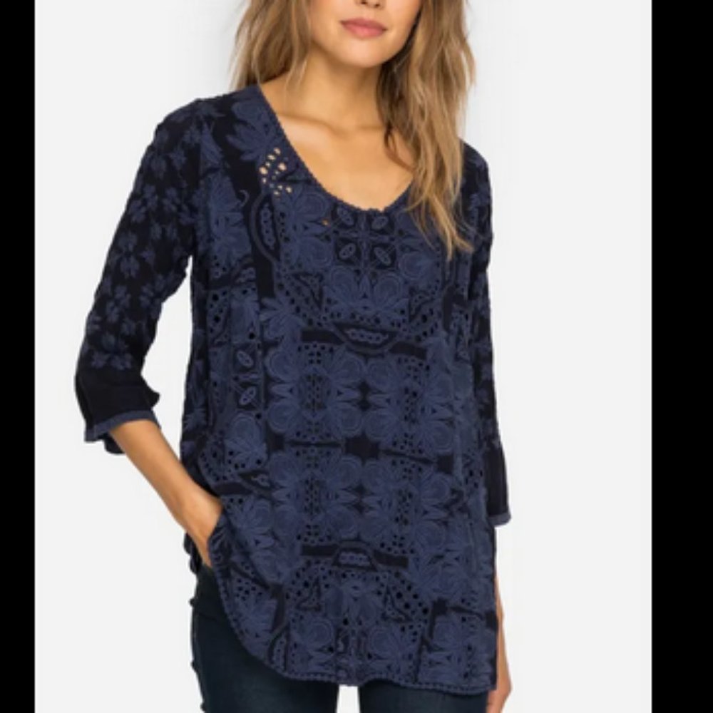 Johnny Was blue embroidered eyelet tunic top